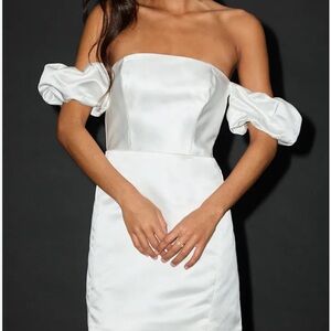 Lulu's White Strapless Satin Dress with Puff Sleeves